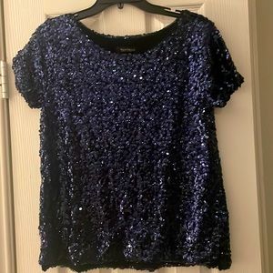Women Short Sleeve Navy Blue Sequin Top.